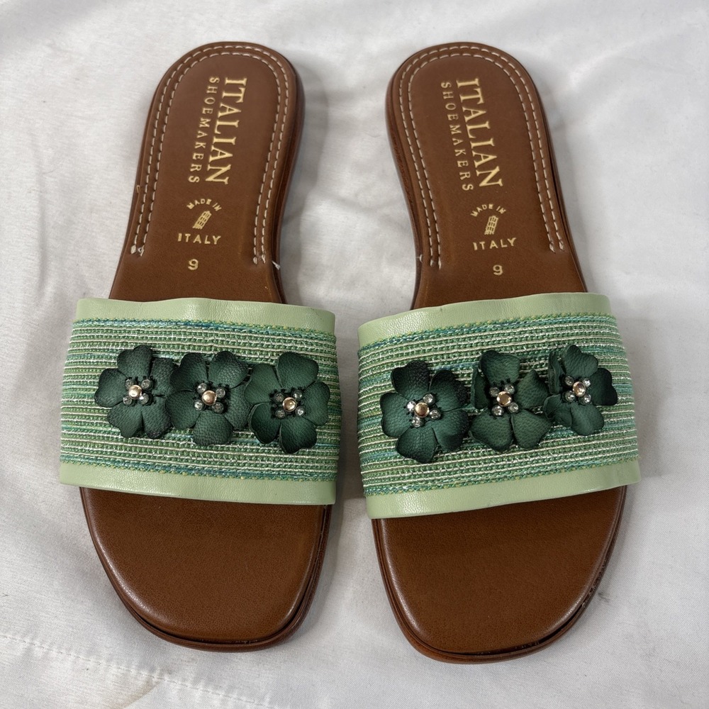 Italian Shoemakers Ivanna Floral Slide Sandals Green Size 9 Made In Italy NWOB